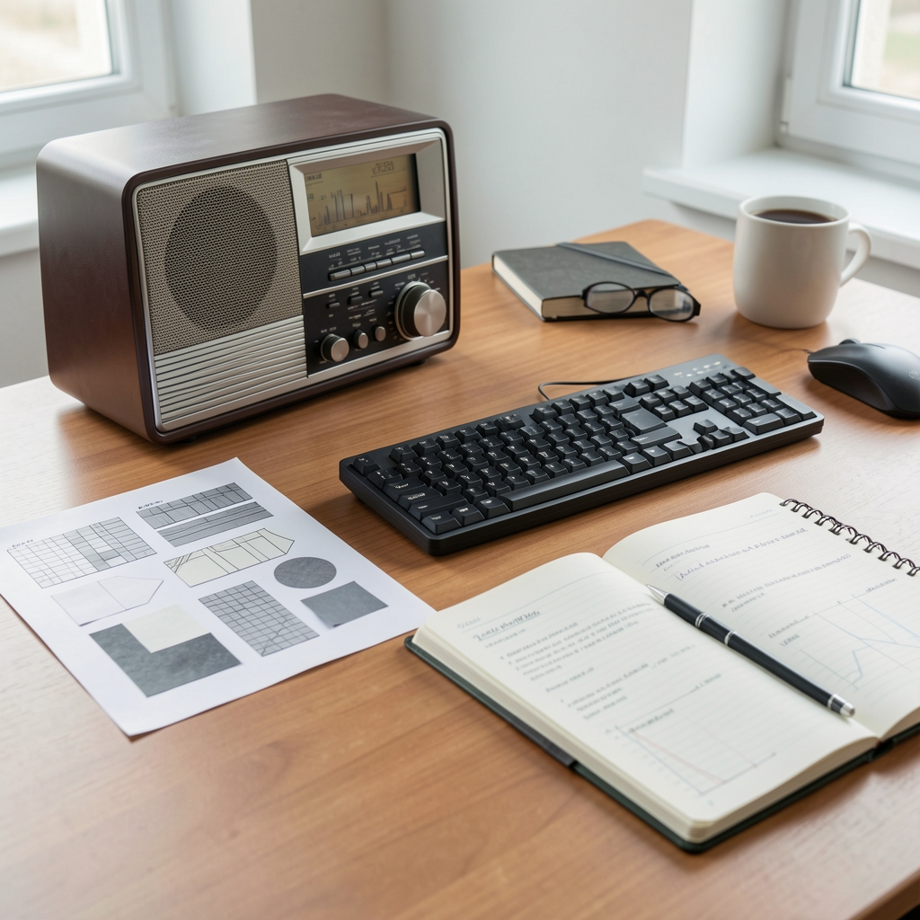 Mesa de archivo con recortes, radio, teclado y cuaderno de investigación sin personas