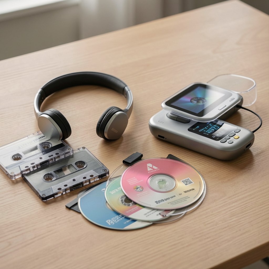 Auriculares modernos junto a casetes, discos compactos y reproductor portátil sobre mesa sin personas