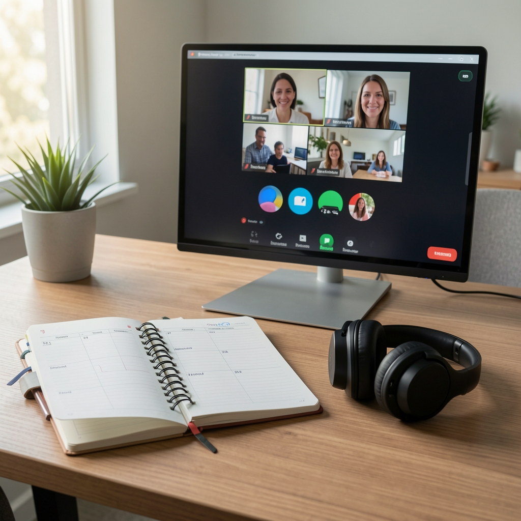 Cuaderno con agenda semanal junto a pantalla de videollamada y auriculares sobre mesa sin personas