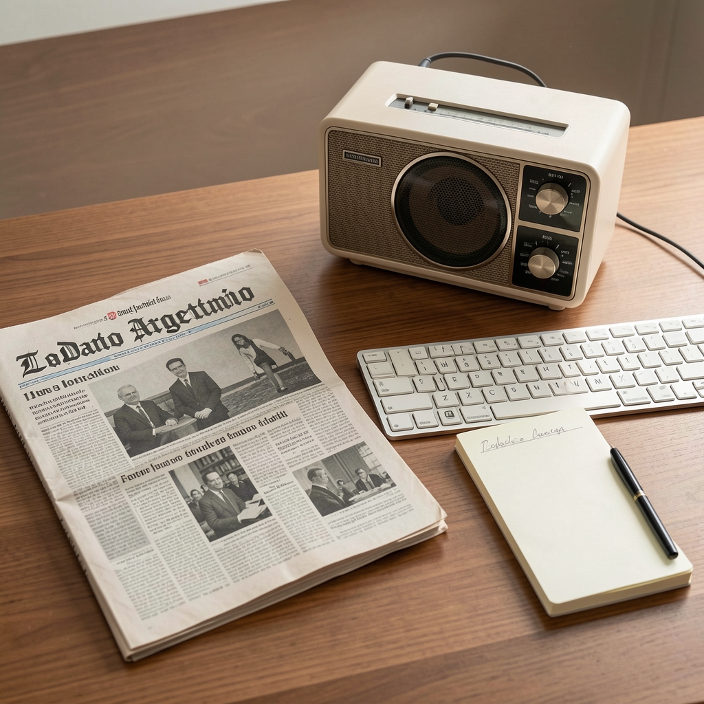 Diario argentino junto a radio, teclado y libreta de notas sobre una mesa sin personas