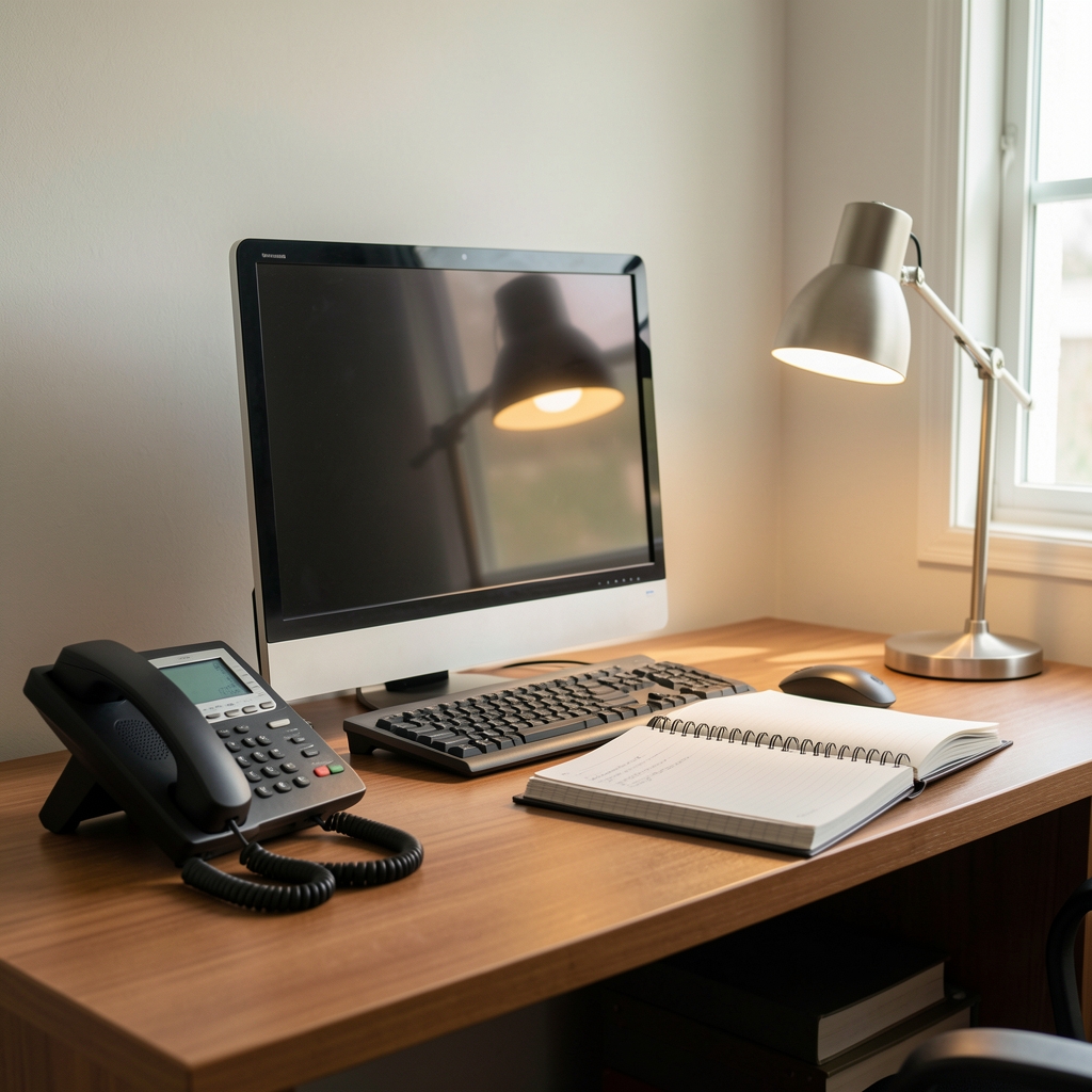 Escritorio doméstico con computadora, teléfono fijo, cuaderno y lámpara sin personas