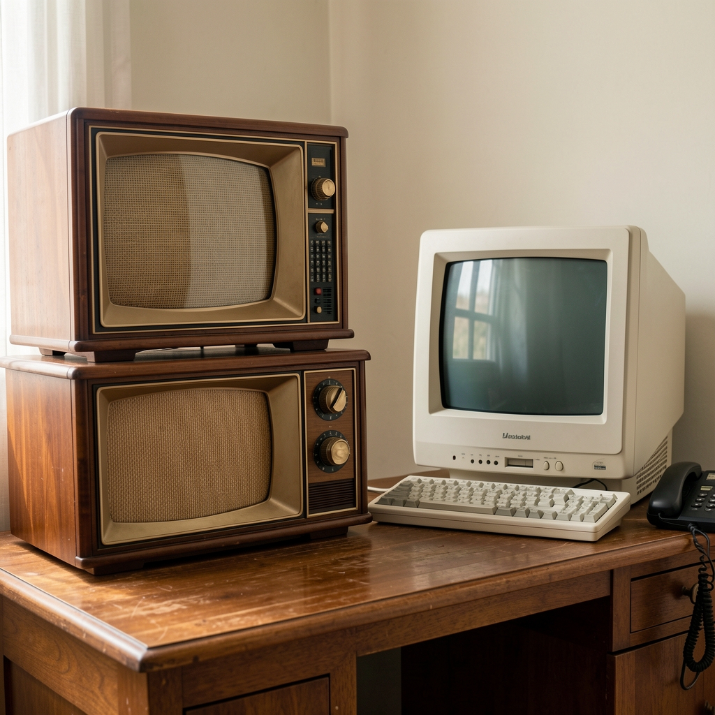 Escaparate argentino de distintas décadas con radio antigua, televisor, teléfono de disco y computadora doméstica sin personas