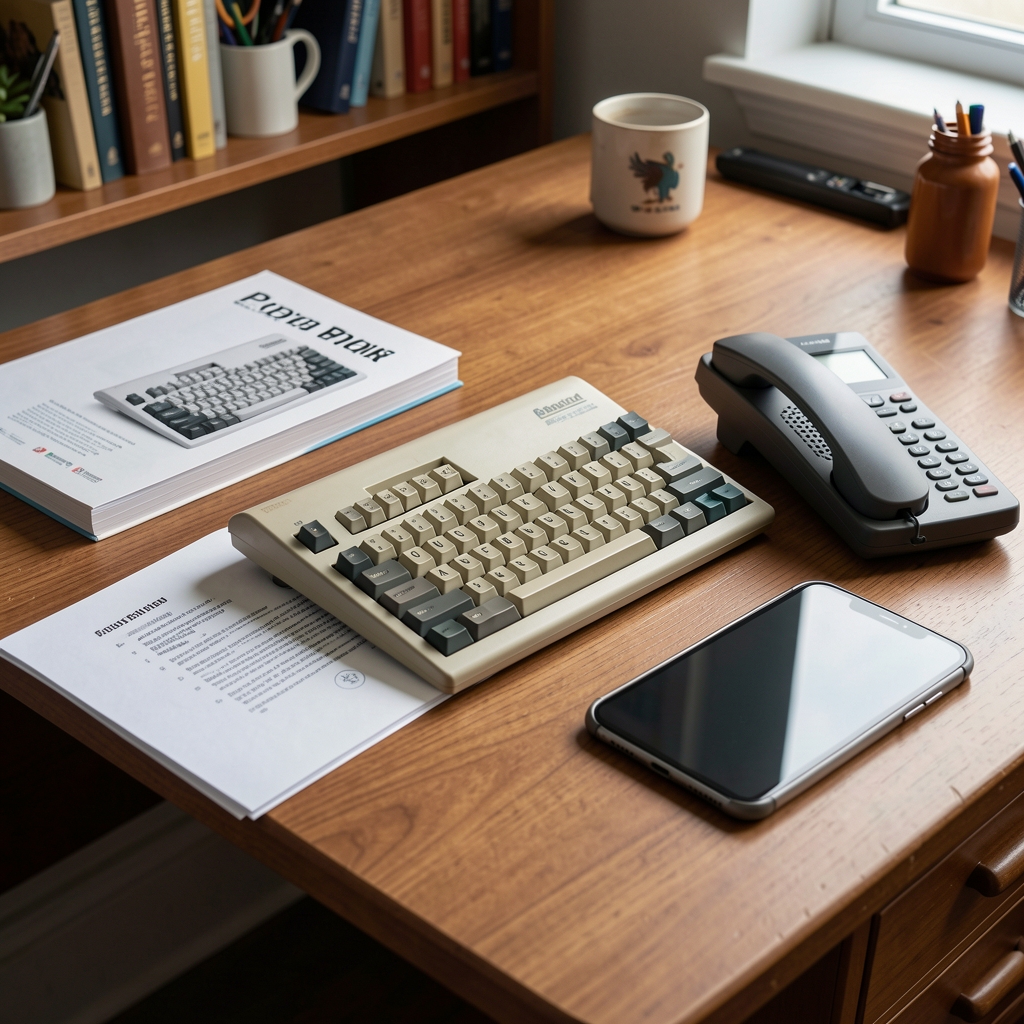 Manuales impresos, teclado antiguo y teléfono inteligente ordenados sobre mesa de estudio sin personas