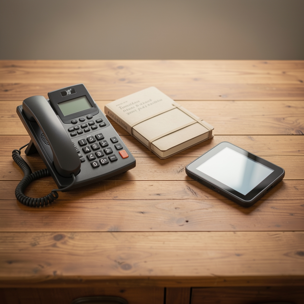 Teléfono fijo, agenda de papel y dispositivo digital sobre una mesa de madera, sin personas