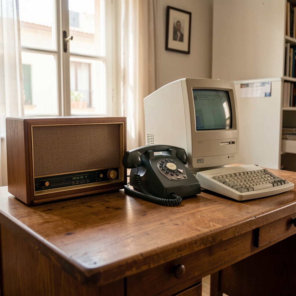 Radio de madera, teléfono de disco y computadora personal alineados sobre una mesa argentina sin personas