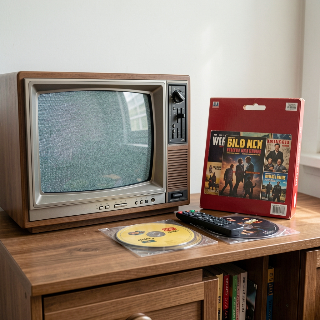 Televisor antiguo junto a estuche de videoclub, control remoto y discos sobre mueble sin personas