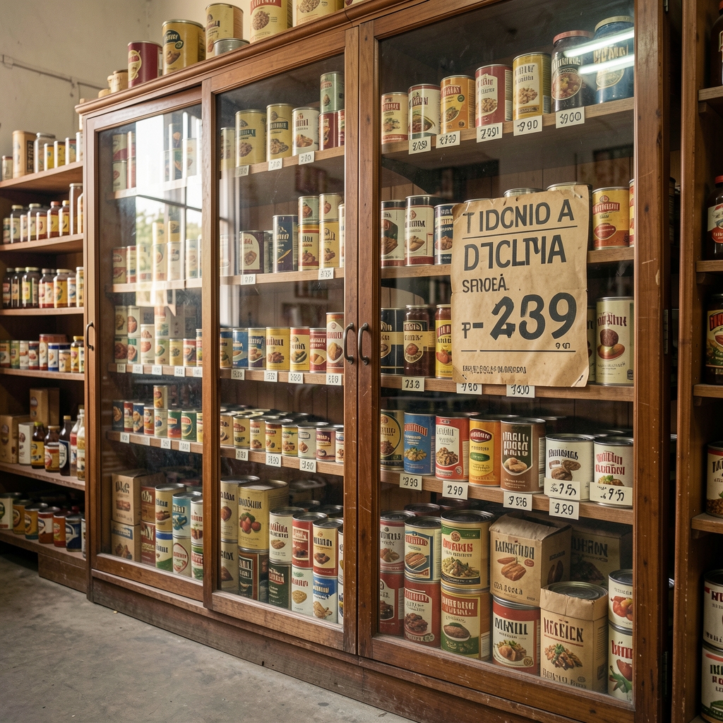Vidriera de almacén argentino con envases y cartel de precios de décadas pasadas sin personas
