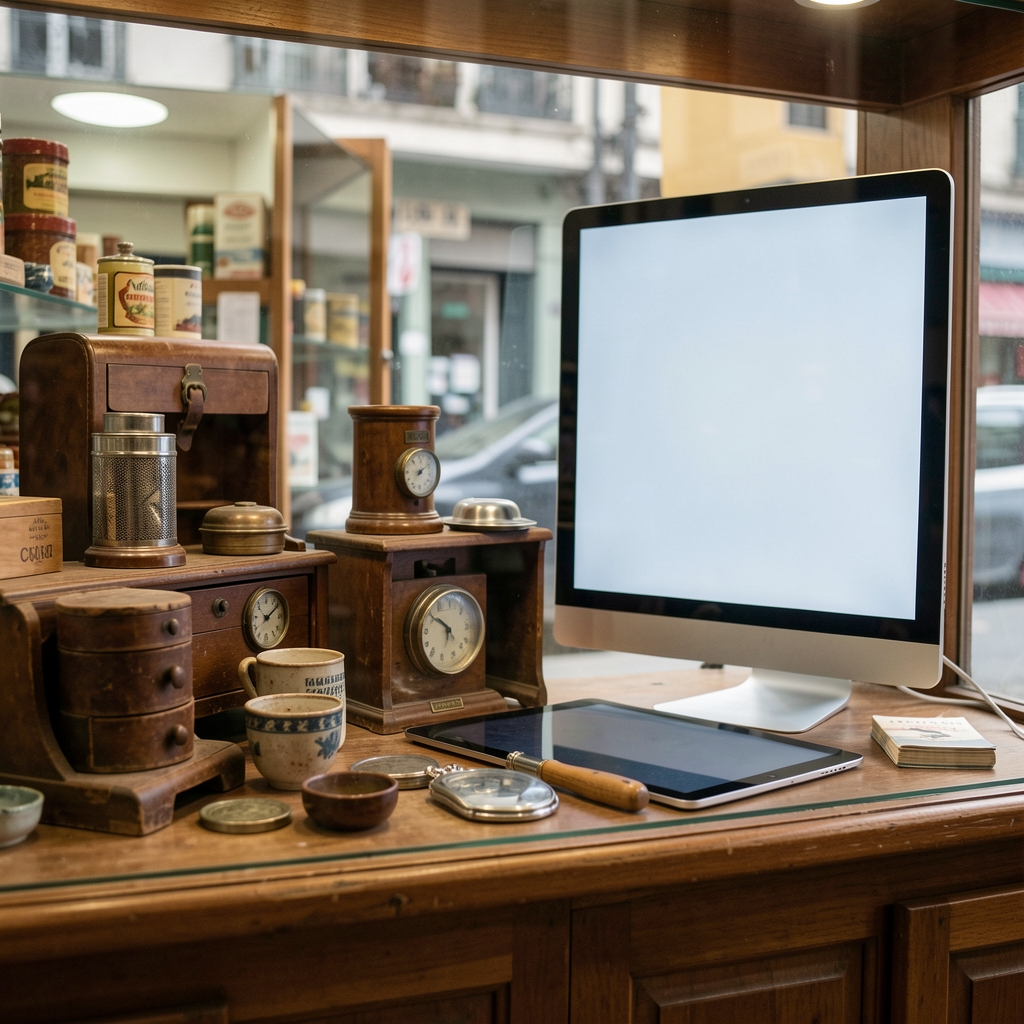 Vitrina de comercio argentino con objetos cotidianos antiguos junto a una tablet y una pantalla moderna sin personas